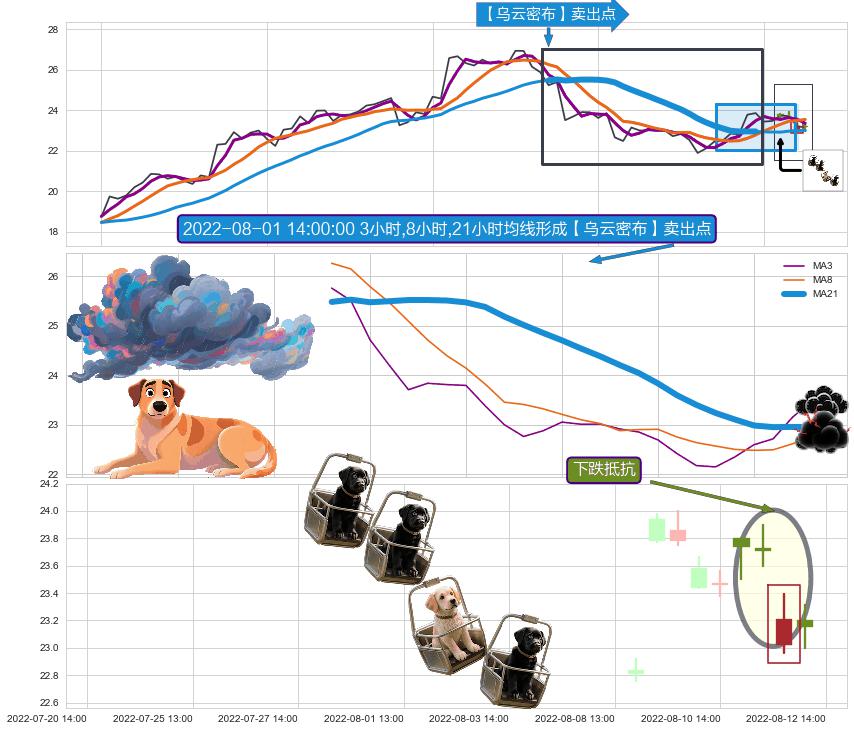 下跌抵抗+升势停顿+双飞乌鸦(树上二鸦)+射击之星形态 ➕ 【乌云密布】卖出点