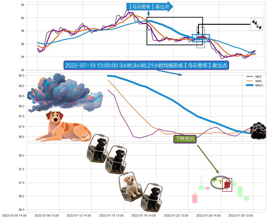 下跌抵抗+双飞乌鸦(树上二鸦)+看跌(高位倒锤头)流星线 ➕ 【乌云密布】卖出点