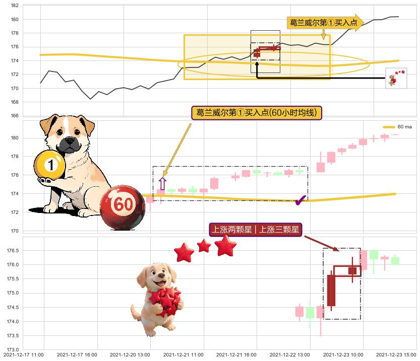 上涨两颗星 | 上涨三颗星+冉冉上升|稳步上涨+上升三部曲（升势三鸦）+两红夹一黑+单针探底（定海神针） ➕ 葛兰威尔第①买入点